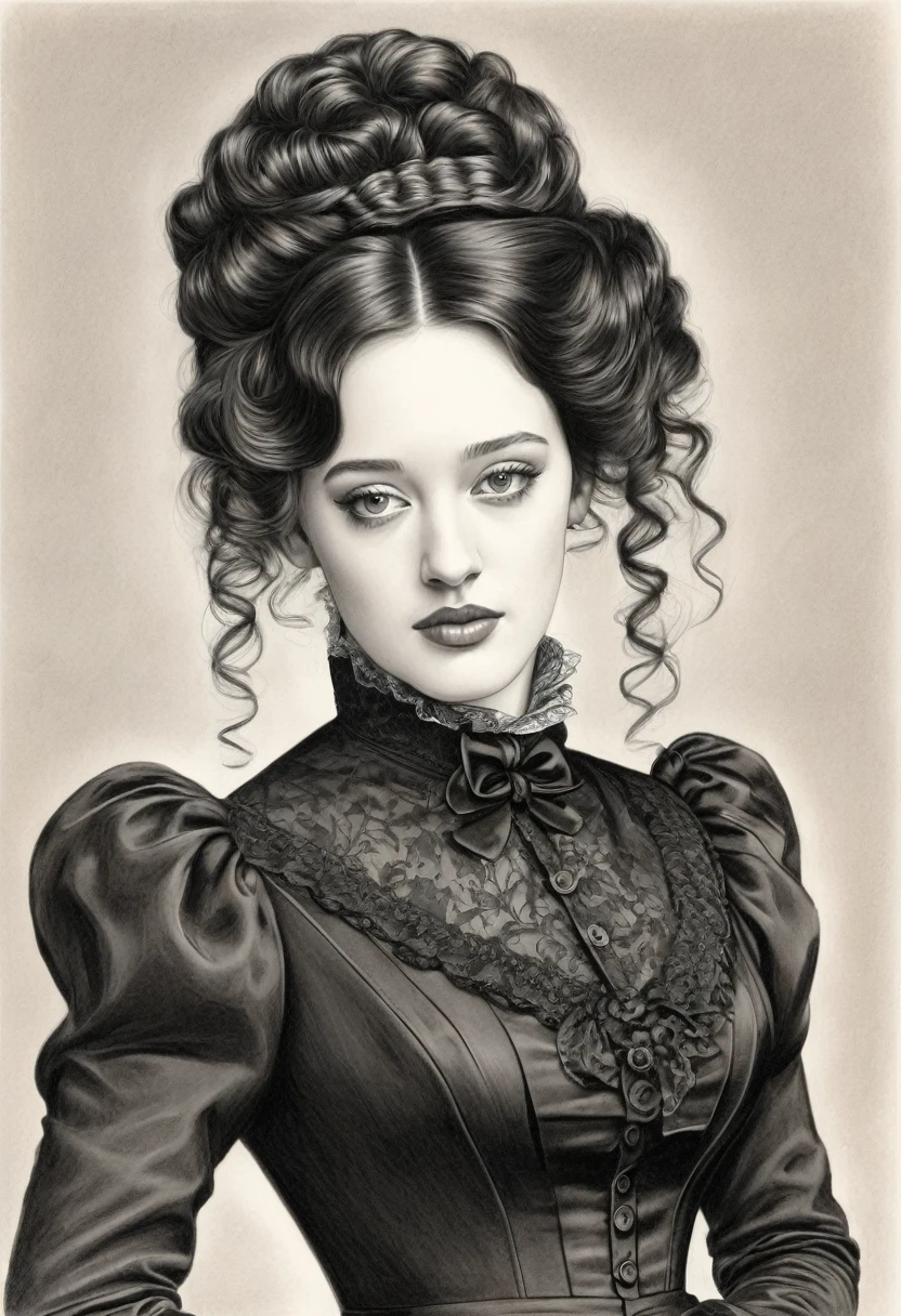 A pencil drawing of a young victorian governess, curly black hair. Kind and inteligent energy. Kat Dennings
