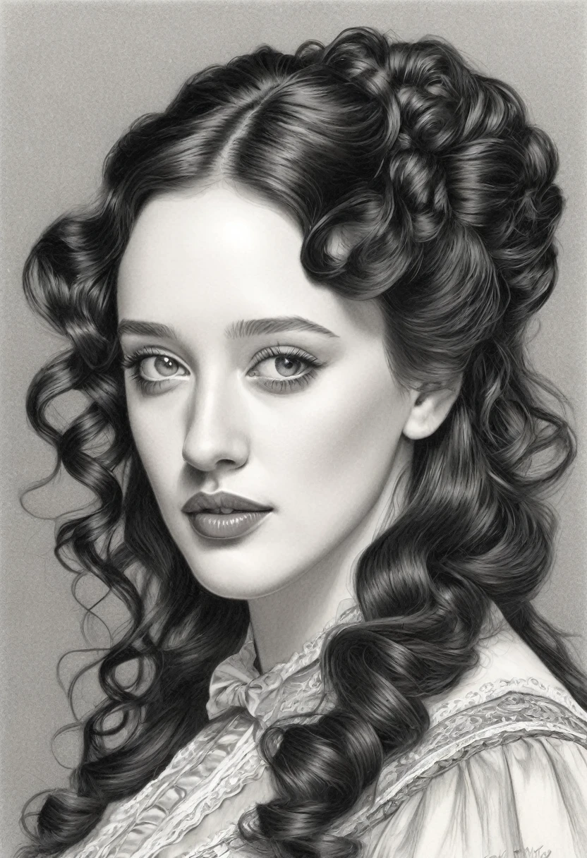 A pencil drawing of a young victorian governess, curly black hair. Kind and inteligent energy. Kat Dennings