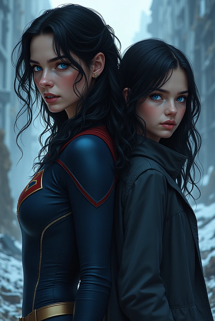 Create a cover for a story called Between the End and Hope with the main character Alex from Supergirl and a girl with black hair and blue eyes.