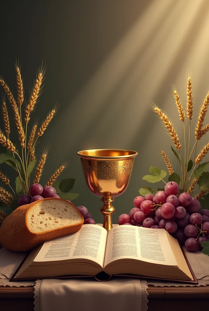 drawning, communion cup with holy bible, Wheat, Uvas, and sliced bread
