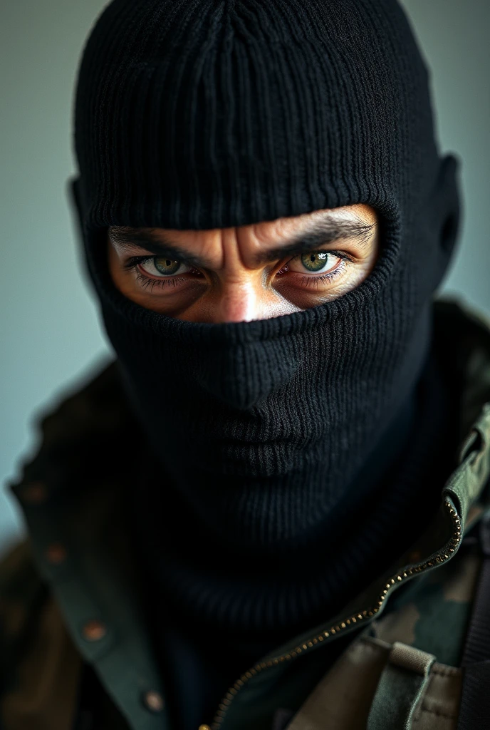 Selfie FROM A CELL PHONE of a man in a balaclava with an intimidating male look of a military look