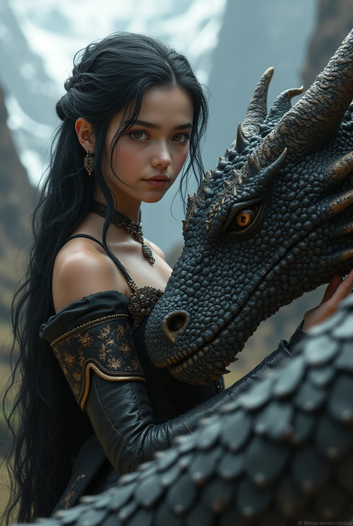 Create an image with a girl with long black hair and brown eyes, with a dragon and with the theme of game Of thrones, real