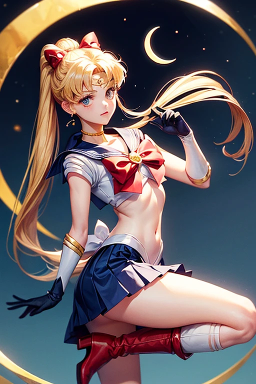 Sailor Moon on the beach in a slightly suggestive position dressed in Uniform: Sailor Moon wears a distinctive sailor suit. The top is a white fitted body with a large red bow on the chest.. The bow has a golden circular jewel in the center.
sailor collar: His uniform includes a dark blue sailor collar., with three thin horizontal white lines on the edges.
pleated skirt: Sailor Moon wears a short skirt, pleated and dark blue, reaching mid-thigh.
Back Bow: At the back of the waist, There is a big red bow that complements the skirt.
gloves: Her gloves are long and white., covering the entire forearm almost to the elbow. They have red edges on the top.
Boots: She wears red boots that reach just below the knee.. The boots have a gold crescent moon on the top.
diadem: On his forehead, She wears a golden headband with a red jewel in the center..
Earrings and Accessories: Wear gold crescent moon earrings, and around her neck she wears a red necklace with a golden jewel.
hair: Sailor Moon has long blonde hair tied into two high pigtails shaped like an odango. (round bows at the base), that fall to their ankles