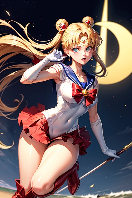 Sailor Moon on the beach in a slightly suggestive position dressed in Uniform: Sailor Moon wears a distinctive sailor suit. The top is a white fitted body with a large red bow on the chest.. The bow has a golden circular jewel in the center.
sailor collar: His uniform includes a dark blue sailor collar., with three thin horizontal white lines on the edges.
pleated skirt: Sailor Moon wears a short skirt, pleated and dark blue, reaching mid-thigh.
Back Bow: At the back of the waist, There is a big red bow that complements the skirt.
gloves: Her gloves are long and white., covering the entire forearm almost to the elbow. They have red edges on the top.
Boots: She wears red boots that reach just below the knee.. The boots have a gold crescent moon on the top.
diadem: On his forehead, She wears a golden headband with a red jewel in the center..
Earrings and Accessories: Wear gold crescent moon earrings, and around her neck she wears a red necklace with a golden jewel.
hair: Sailor Moon has long blonde hair tied into two high pigtails shaped like an odango. (round bows at the base), that fall to their ankles