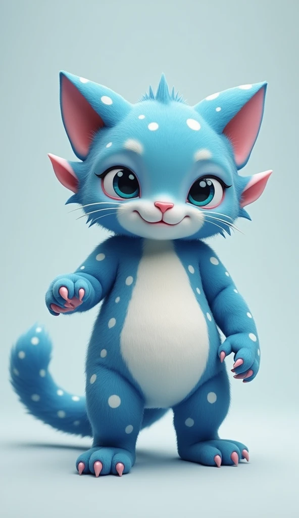 Blue and white pattern cat orc,Height 1.65 meters,Weight 50kg,Lovely face,With eyes as blue as the bright moon,Petite and cute,With pink nipples,White oval hair on the abdomen,The limbs are blue in color with irregular white patterns.,Naked body genitals pink tender petite cute,Wrapped in foreskin,Lifting one paw to reveal the pink pads and delicate pink,The tail has white circles