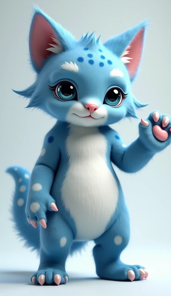 Blue and white pattern cat orc,Height 1.65 meters,Weight 50kg,Lovely face,With eyes as blue as the bright moon,Petite and cute,With pink nipples,White oval hair on the abdomen,The limbs are blue in color with irregular white patterns.,Naked body genitals pink tender petite cute,Wrapped in foreskin,Lifting one paw to reveal the pink pads and delicate pink,The tail has white circles