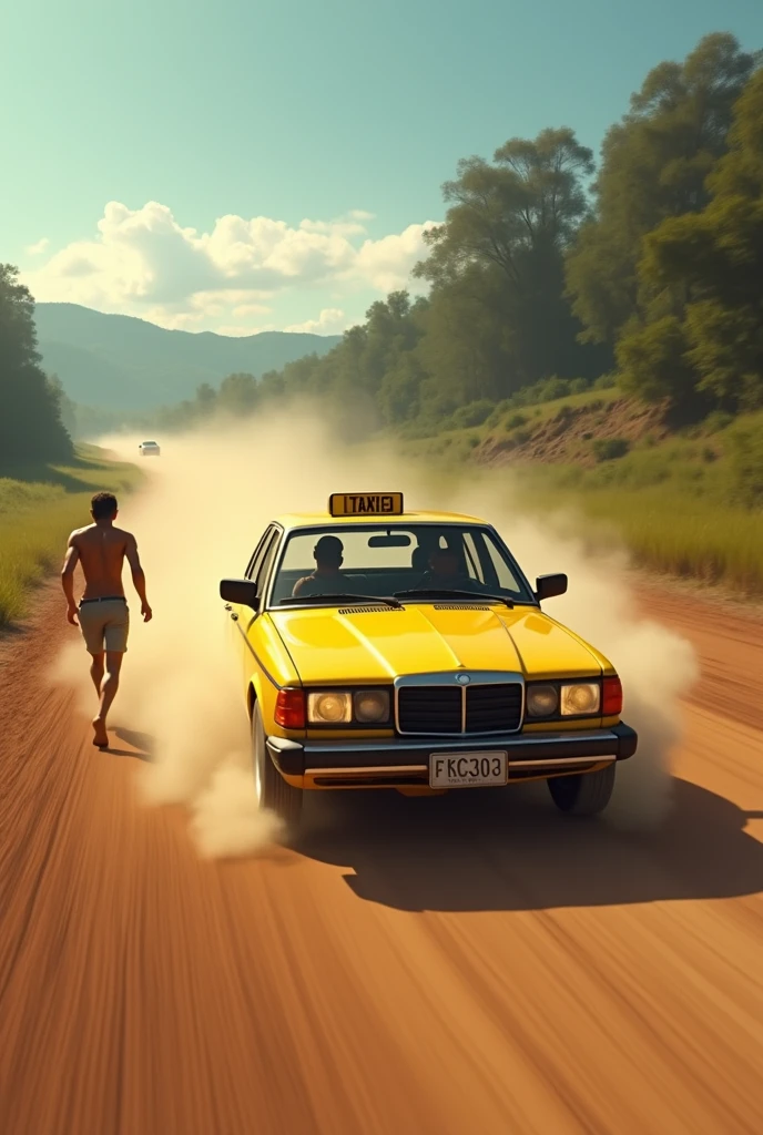 Yellow taxi with driver and passenger visible through windows, dirt road, dust on air,  on the street he runs after the car to catch up with it, she is facing the car and with her back to open scene. The place Serra gaúcha. 
