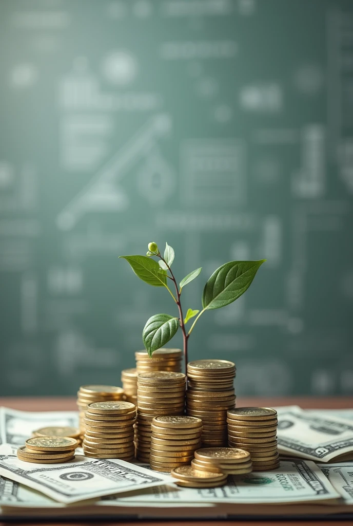 A book cover about investments and financial education place the following elements present coins money blackboard discreetly as if it were a ghost in the background