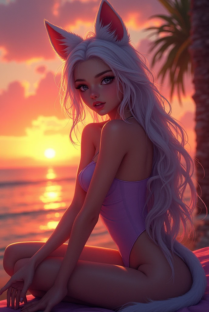 sensual gorgeous Fursona girl sitting down, colorful vivid,  expresive beautiful eyes, with the sun setting in the background. Roxy Paine Loish , Anne Bachelier portrait style,intricate, highly detailed