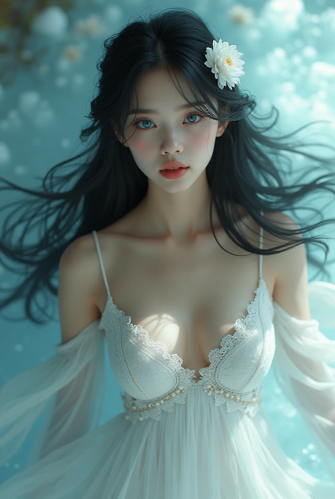 (8k, RAW photo, best quality, masterpiece:1.2),(realistic, photo-realistic:1.4), ultra-detailed, extremely detailed cg 8k wallpaper,(crystalstexture skin:1.2), (extremely delicate and beautiful),
1girl,solo,black hair,  long hair, blue eyes, closed mouth, hair ornament, bare shoulders, detached sleeves,big breasts, white dress,looking at viewer, full body, beautiful legs, (((seductive))), floating in the air, không mặc gì