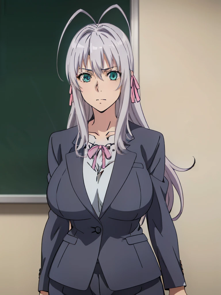 kneeling, black suit, formal, pants, classroom background, rossweisse, anime cels style, best quality, high resolution, 1girl, (huge breasts:1.2), beautiful face, grey hair, aqua eyes, antenna hair, long hair, pink ribbon at hair, cowboy shot