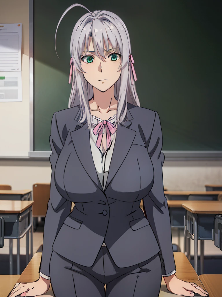 kneeling, black suit, formal, pants, classroom background, rossweisse, anime cels style, best quality, high resolution, 1girl, (huge breasts:1.2), beautiful face, grey hair, aqua eyes, antenna hair, long hair, pink ribbon at hair, cowboy shot