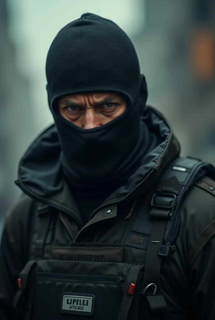 Photo taken by a cell phone of a man in a balaclava with an intimidating male look of a military look