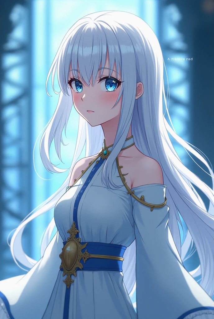 Create an female anime character using this name:
7. Sister - Princess Emily Mae Blackwood (Mae Mae)
(Her eyes are blue ocean, her hair is glowing white, her style resembles of simplicity, sensitive, caring, considerate, power, passion, bold, natural , and benevolence)
Make them more mature and majestic appeal.