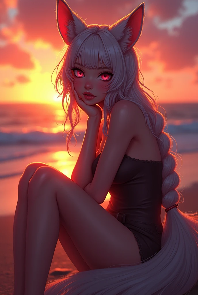 sensual gorgeous Fursona girl sitting down, colorful vivid,  expresive beautiful eyes, with the sun setting in the background. Roxy Paine Loish , Anne Bachelier portrait style,intricate, highly detailed