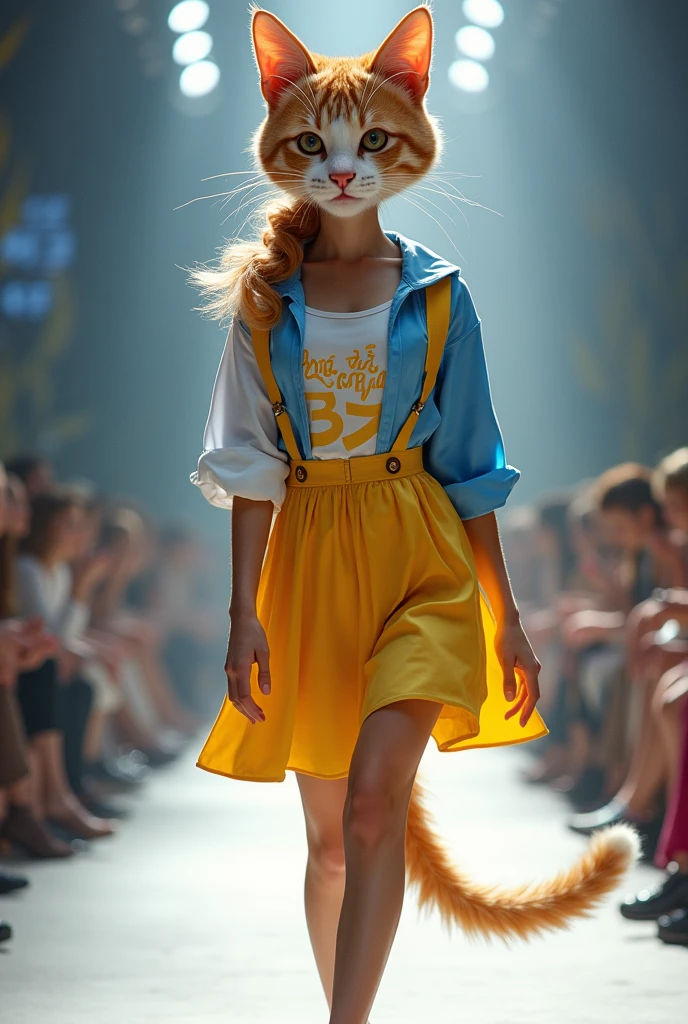 Full body photo of girl with cat face, she wears yellow white and blue dress, She is walking the catwalk in a youthful style outfit., charming, on the costume there is the words Nha Dat 369 .