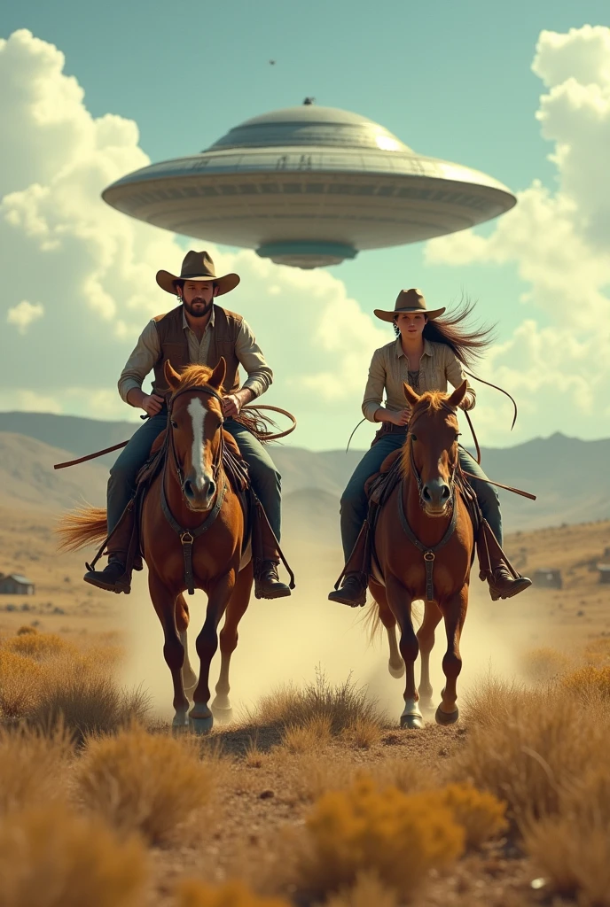Two young cowboys, one male and one female, in Texas riding horses running away from an alien saucer.