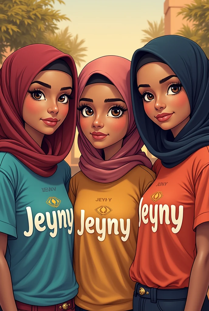 "Create an Islamic-themed image featuring women a T-shirt with Jeyny