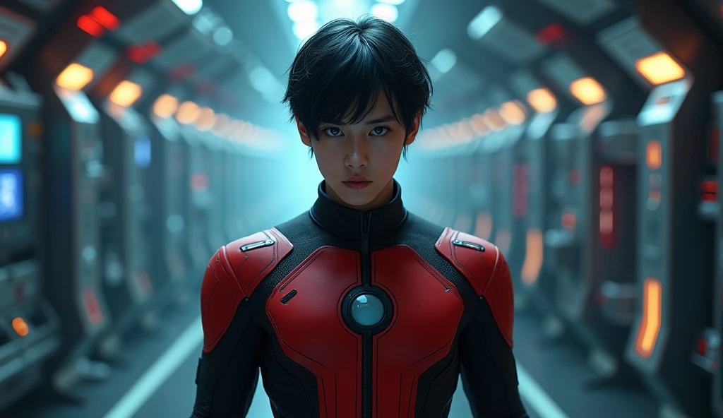 (extremely detailed CG unity 8k wallpaper,masterpiece),(best illumination, best shadow, an extremely delicate and beautiful),(1boy),blue eyes, dark hair,red and black sci-fi bodysuit,neck seal,high-tech sci-fi hallway, dynamic pose, detailed machinery, sleek design.