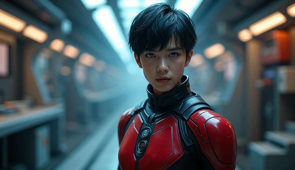 (extremely detailed CG unity 8k wallpaper,masterpiece),(best illumination, best shadow, an extremely delicate and beautiful),(1boy),blue eyes, dark hair,red and black sci-fi bodysuit,neck seal,high-tech sci-fi hallway, dynamic pose, detailed machinery, sleek design.