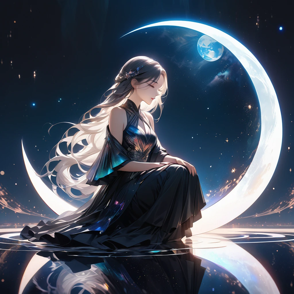 An attractive girl sitting on the crescent, an aesthetic earth, transparent and aesthetically illuminating from within, ultra detailed, masterpiece, gorgeous minimalism, majestic and simple composition. Ultimate quality. artistic design, dark pop fantasy, holographic reflection, seamlessly blended moon, sophisticated aesthetics, flowing stars
