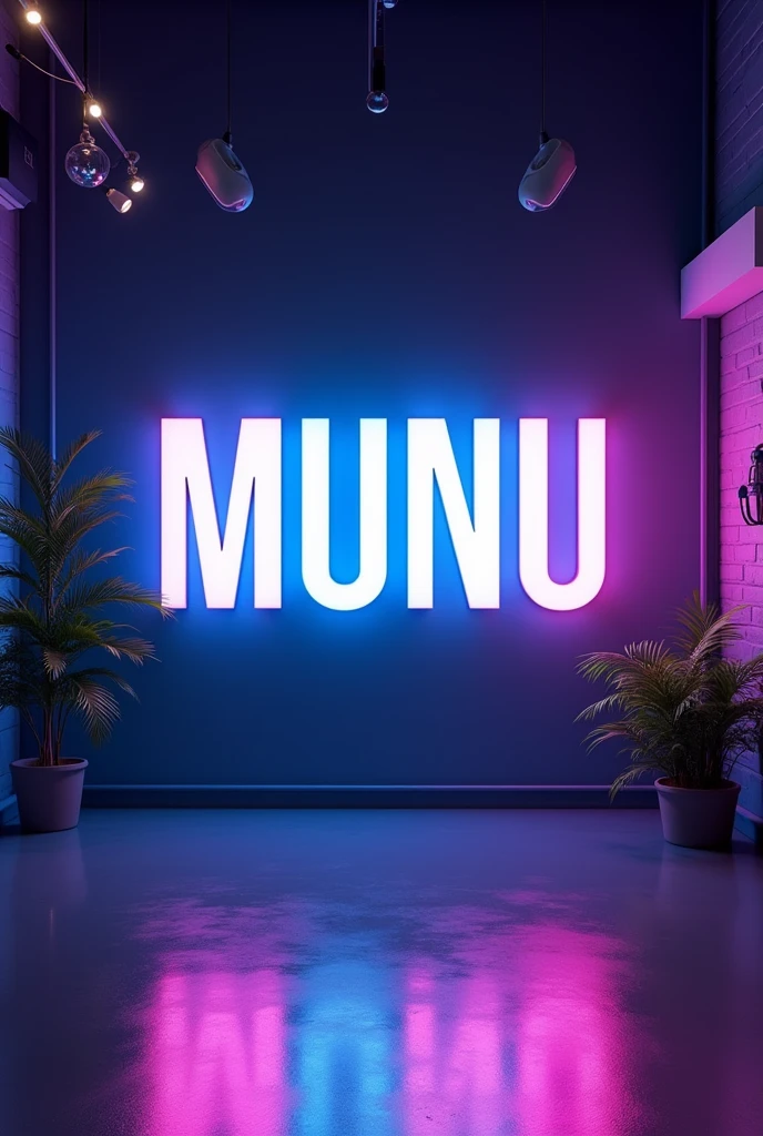 Create a YouTube studio background with a modern and sleek design. In the center of the background, display the name MONU in bright neon lights with correct spelling. The neon lights should be in a vibrant color, such as electric blue or neon pink. Surround the neon text with subtle, complementary lighting and decor that enhances the studio aesthetic. The overall ambiance should be stylish, professional, and inviting, perfect for a YouTube content creator's studio.