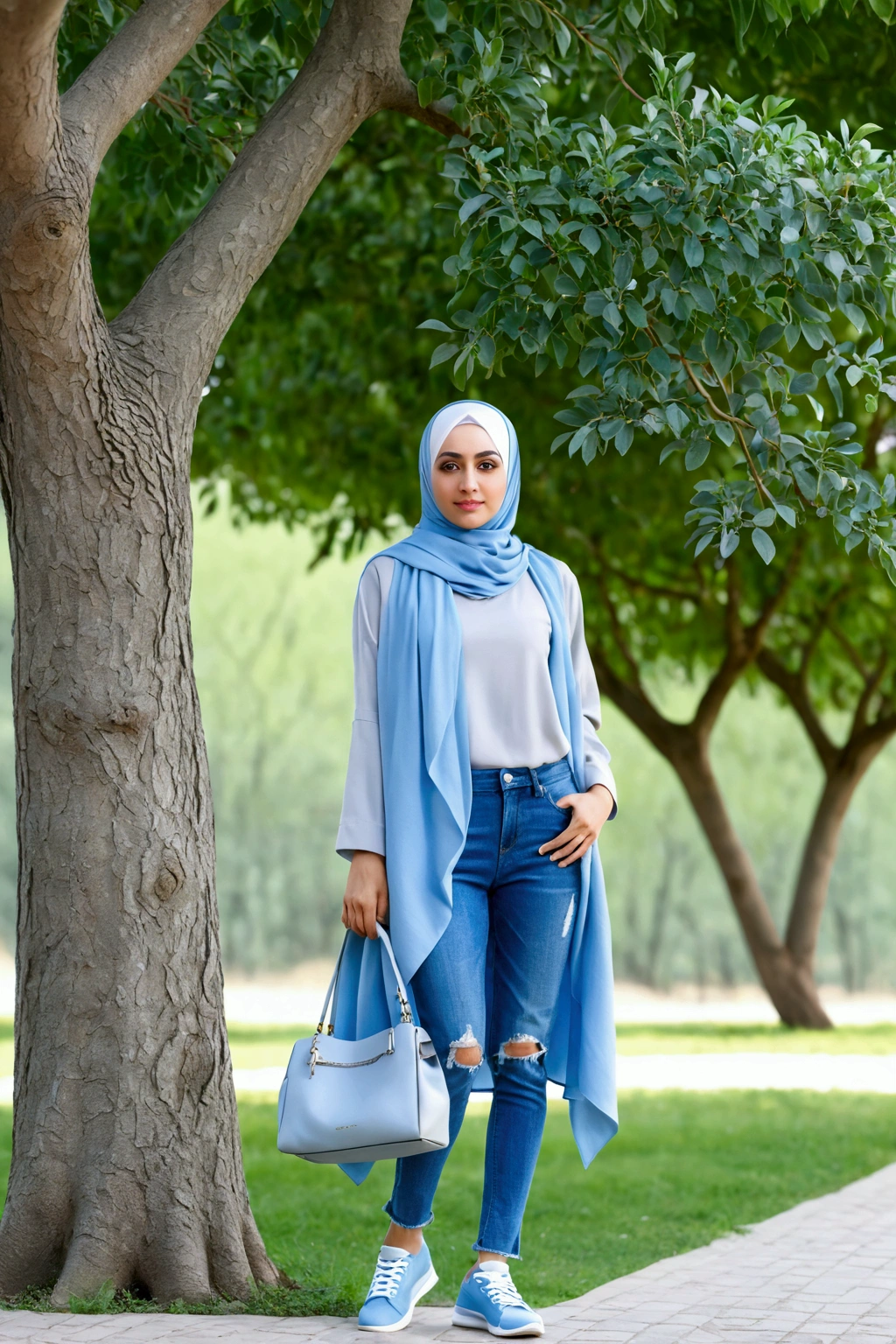 Please make me a realistic photo ((full body gemoy)) A woman in an elegant light gray hijab dressed in sky blue, and wearing blue jeans ripped, wearing sneaker She is standing facing the viewer near a green tree with a small bag in her hand.