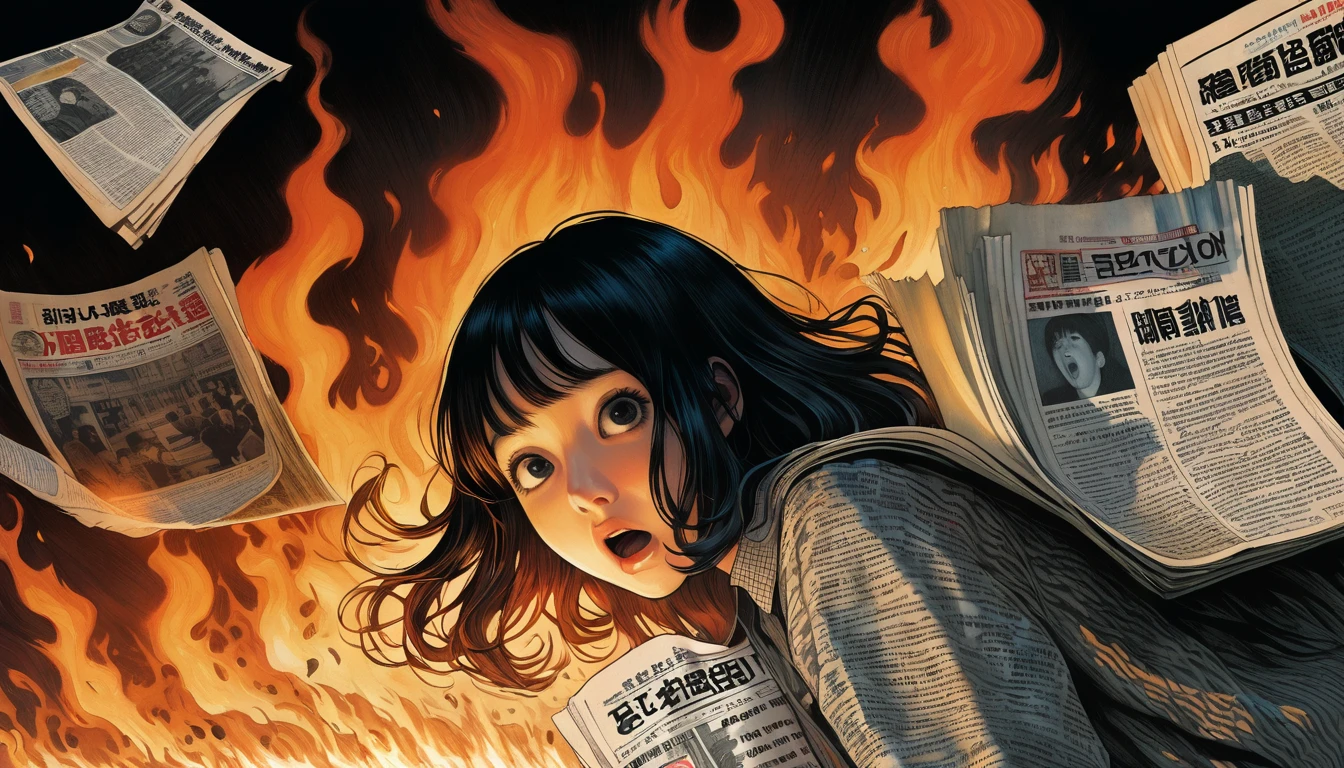 An illustration、art、Supervised by Junji Ito、Overaction、Overreaction、Pretending to be scared、Attention to detail, Realistic shadows、Analog Style, chromatic aberration, Surrealism、Burning Newspaper