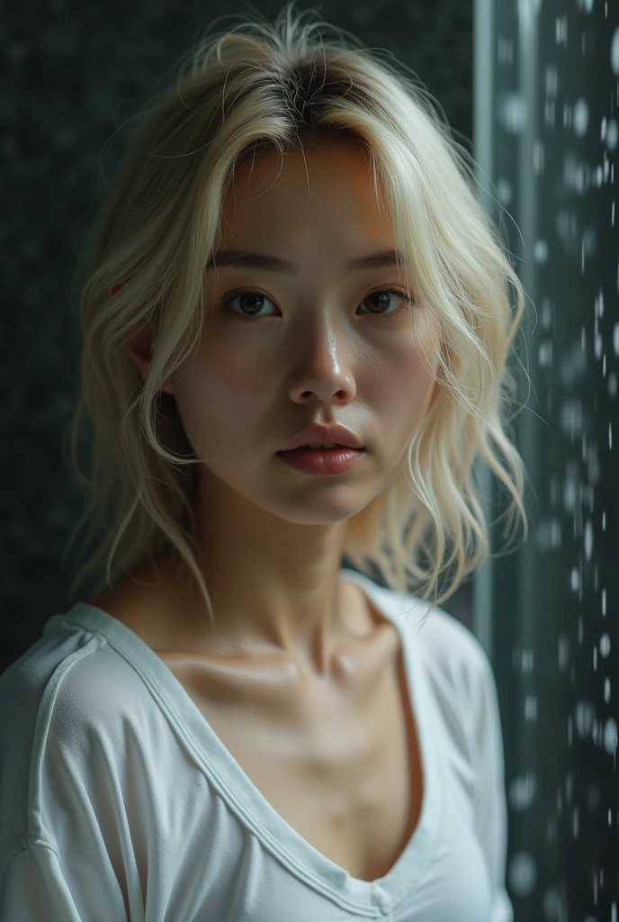 (work of art, photorrealistic:1.4, extremely complex:1.3, radiosity, photon mapping, dtx, 8k), ((((colar closeup, white undershirt, humid, [medium breasts:breasts big:0.8])), humid, [skin-detail:freckles:0.7], naturals, 1 mixed race Danish Korean teen supermodel, platinum blonde hair), darkness room, ((stone shower, glass shower, to clean)))
