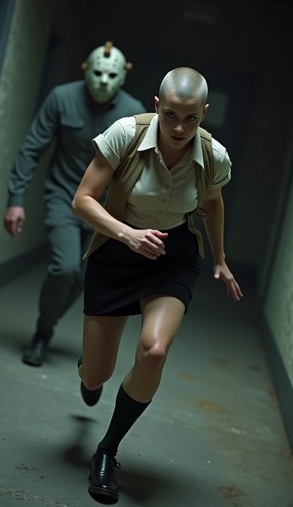 ((Highest quality)), ((masterpiece)), (horror movie posters:1.5), ((Jason)), (Shaved woman), (Motion Blur:1.1), ((逃げるJasonを後ろから追いかける筋肉質な坊主のグレーの女性のハト)), グレーのShaved womanのハトがOff-white short-sleeved collared shirtに薄茶色のベストを着てひざ丈の黒いスカートに短い濃い緑の靴下と黒の靴を履いている, Photorealistic images, (Off-white short-sleeved collared shirt),