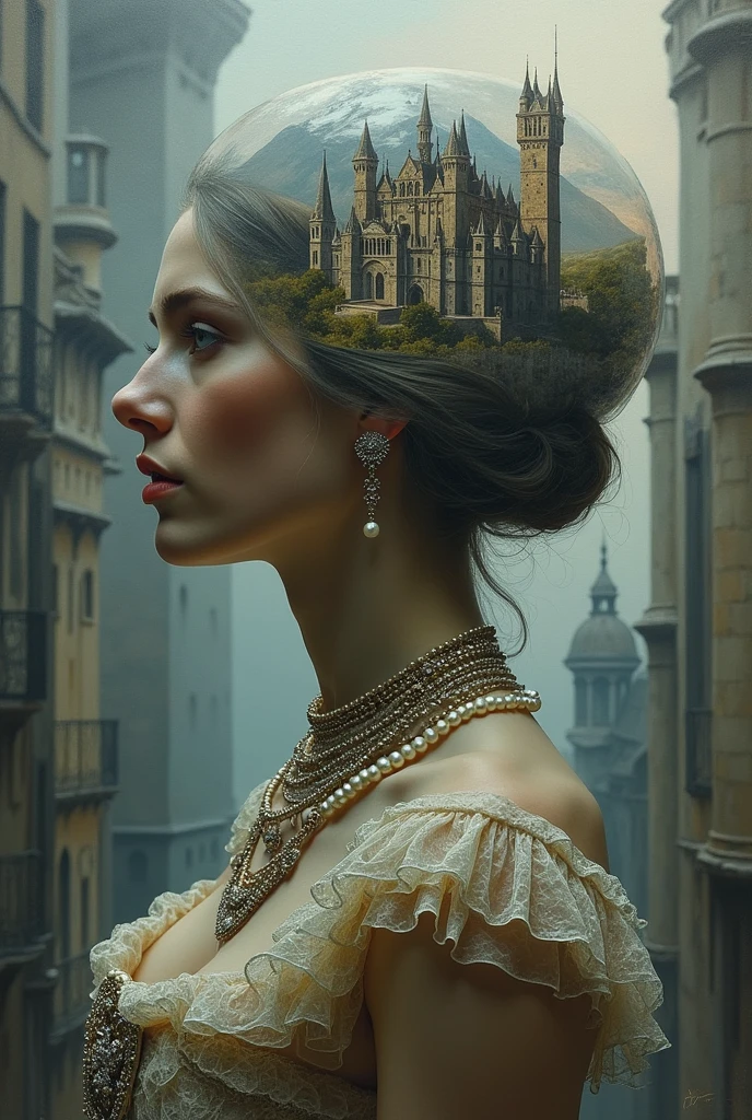 a 4D Double Exposure: portrait of a ((transparent woman with a double exposure castle city in her head)), in renaissance attire castle backdrop, oil painting, 3/4 profile view, ornate pearl necklaces, sumptuous fabrics, detailed embroidery, moody chiaroscuro lighting, high-resolution