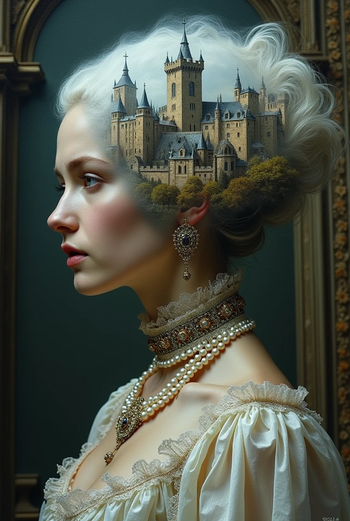 a 4D Double Exposure: portrait of a ((transparent woman with a double exposure castle city in her head)), in renaissance attire castle backdrop, oil painting, 3/4 profile view, ornate pearl necklaces, sumptuous fabrics, detailed embroidery, moody chiaroscuro lighting, high-resolution