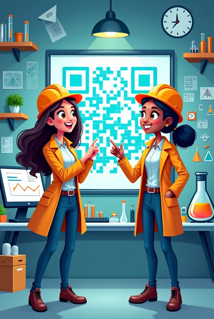 Female engineers pointing to QR code image in cartoon format 