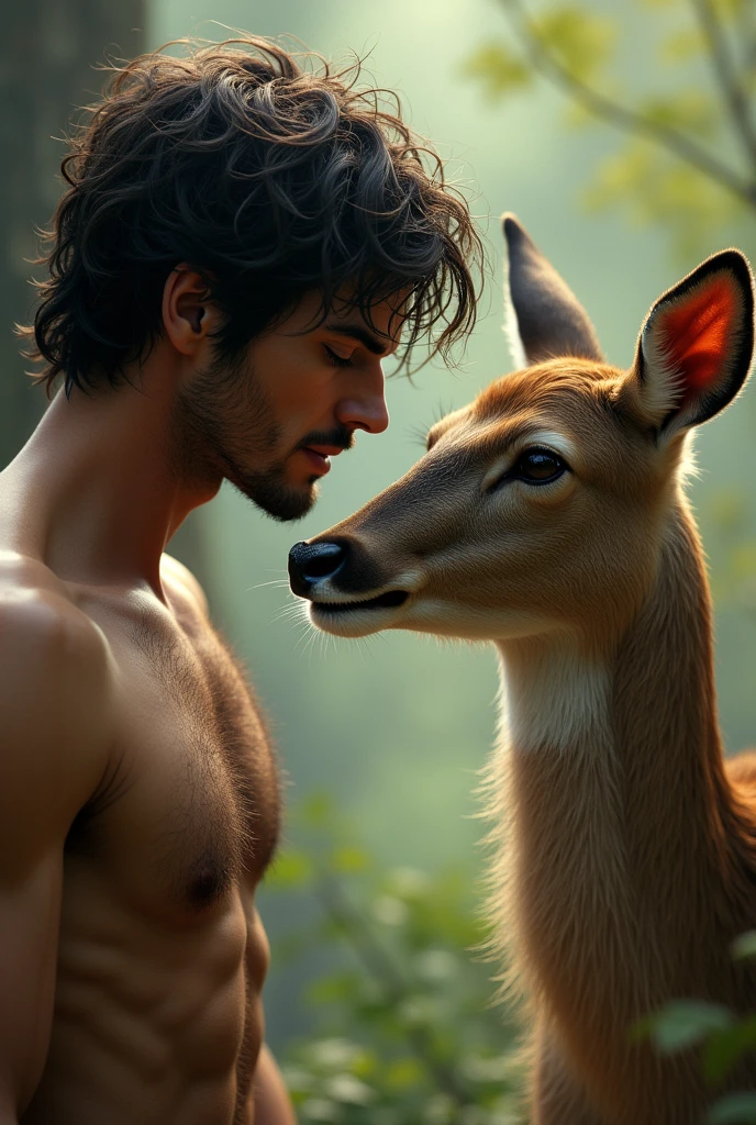 Black haired, unshaven man in love with a doe