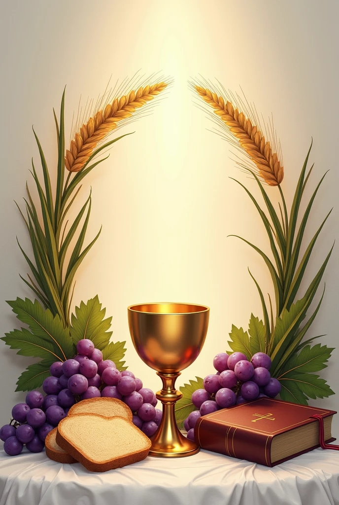 drawning, communion cup with holy bible, wheat and grapes forming an arch embracing the chalice and sliced bread
