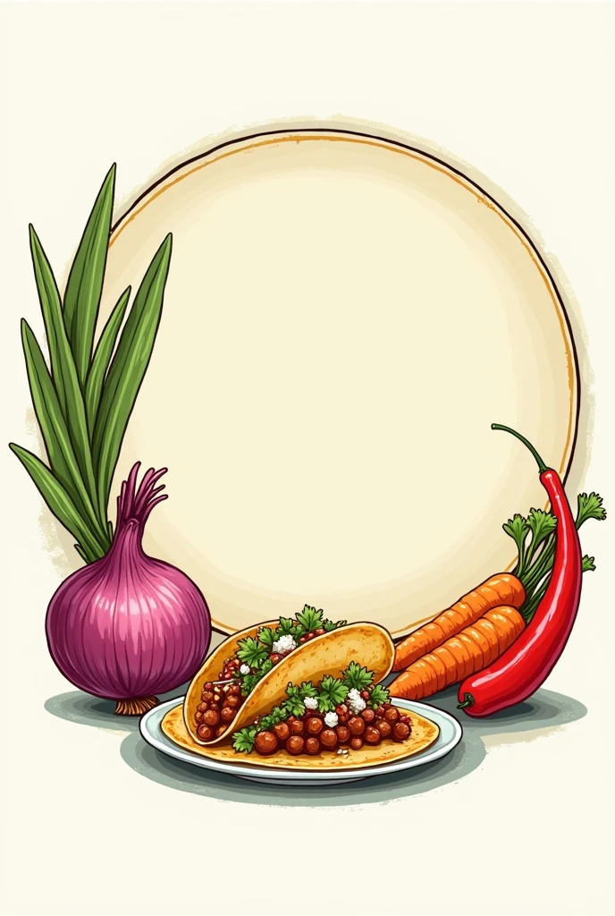 Circular label frame with illustrations of an onion,carrot,Chile,with a plate of tacos on the side.