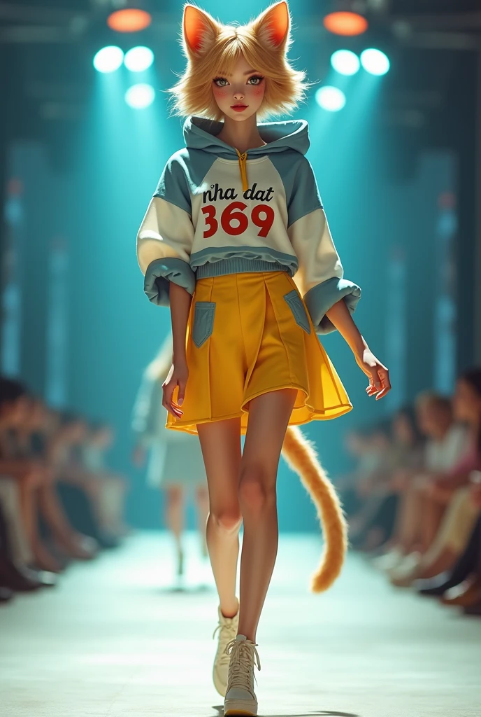 Full body photo of girl with cat face, she wears yellow white and blue dress, She is walking the catwalk in a youthful style outfit., charming, on the costume there is the words Nha Dat 369 .