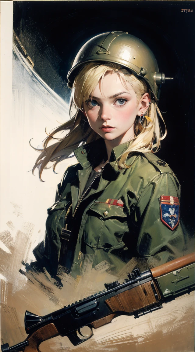 tank girl character, military helmet, piercings, shotgun, in a tank, (art inspired by Skottie Young and Bill Sienkiewicz). oil painting)