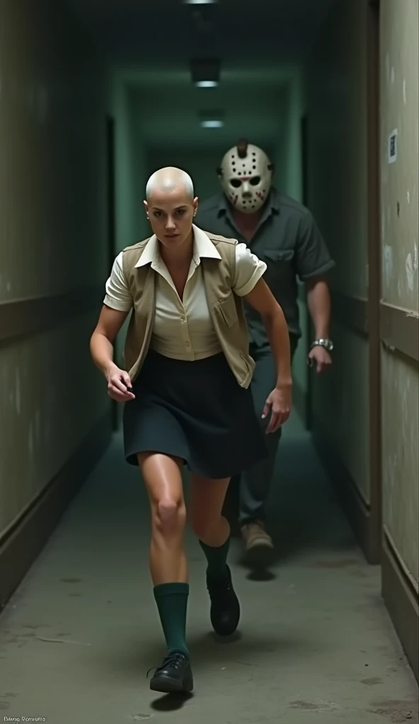 ((Highest quality)), ((masterpiece)), (horror movie posters:1.5), ((Jason)), (Shaved woman), (Motion Blur:1.1), ((逃げるJasonを後ろから追いかける筋肉質な坊主のグレーの女性のハト)), グレーのShaved womanのハトがOff-white short-sleeved collared shirtに薄茶色のベストを着てひざ丈の黒いスカートに短い濃い緑の靴下と黒の靴を履いている, Photorealistic images, (Off-white short-sleeved collared shirt),