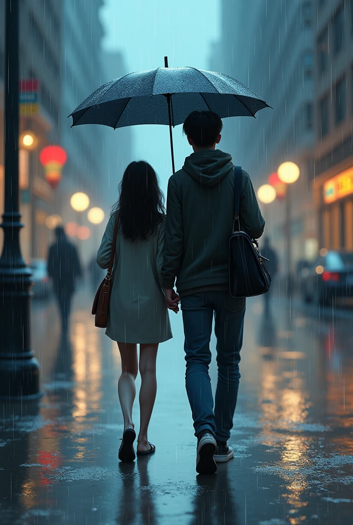 Back scene of A couple walking under an umbrella; girl short; boys hand on girls shoulder; a bag on boys one shoulder; walking on the rainy street
