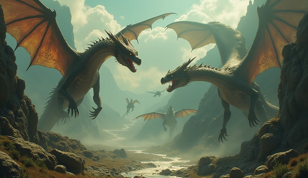 a breathtaking ancient landscape, multiple dragons scattered across the scene, weathered parchment, stone textures, glowing runes, ancient symbols, earthy tones, deep greens, bronze, dragons in various poses, sense of grandeur, magic, (best quality,4k,8k,highres,masterpiece:1.2),ultra-detailed,(realistic,photorealistic,photo-realistic:1.37),HDR,UHD,studio lighting,ultra-fine painting,sharp focus,physically-based rendering,extreme detail description,professional,vivid colors,bokeh,fantasy,concept art