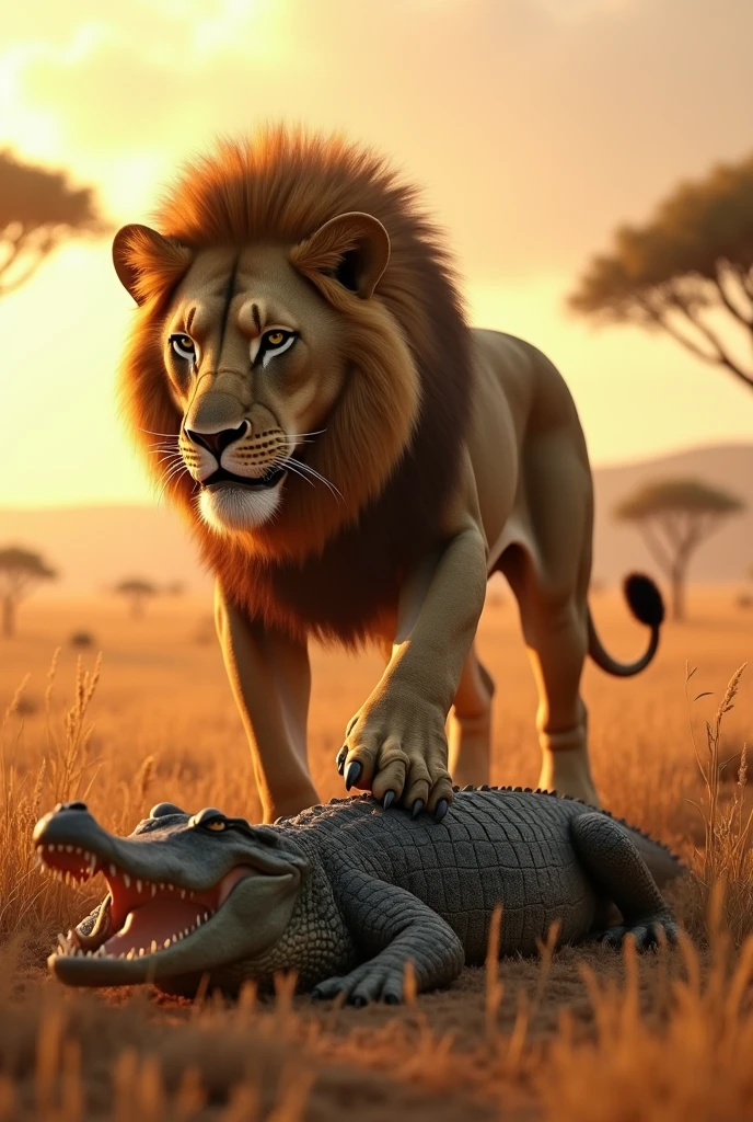 "In a realistic 3D savannah setting, a lion roars as it dominates a crocodile lying on the ground, showing clear signs of defeat, with the golden sunset casting dramatic shadows."