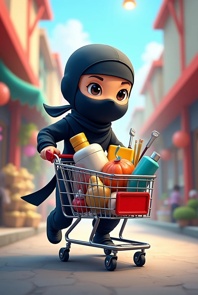 illustration of an animated ninja pushing a shopping cart with shopee products