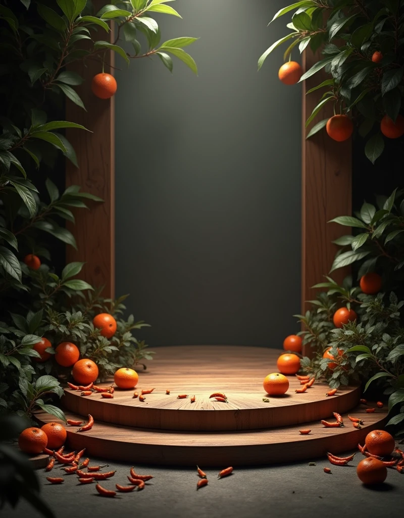 wooden stage on a dark elegant natural background and floating mandarin scattered, Pepper , cedar in the air cut and tonka bean . and elegant bright grey lights