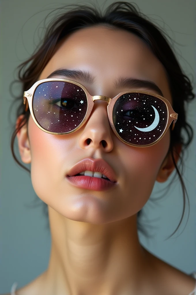 The model is wearing glass sunglasses with stars and the moon on the glass