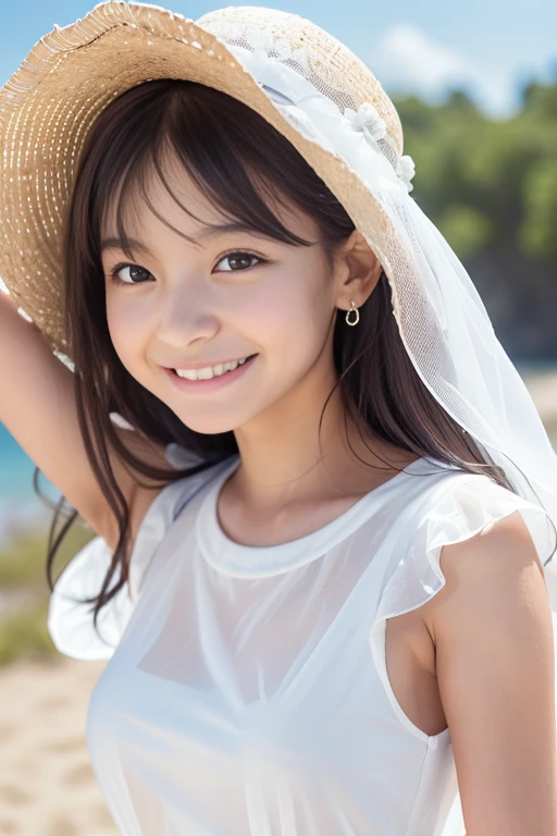 (8k), (masterpiece), (High resolution), (Realistic:1.4), Japanese, 1 girl, (((:1.5))), Childish:1.2, Facing forward, (smile:1.3), happy, ((cute:1.5)), Innocent, (innocent), kind, Elegant:1.4, Double eyelids:1.2, (Dark Eyes), Beautiful eye and skin details:1.5, (Realistic skin texture:1.5), High nose:1.1, (((White camisole dress:1.5))), ((White clothes:1.5)), (See-through clothing:1.5), Décolletage, Black Hair, Hair blowing in the wind, Child body type:1.3, (Slender), summer, noon, bright, Sandy Beach, Flower crown:1.3, Primary school students, Middle school students, detail fingers, detail arms, detail eyes