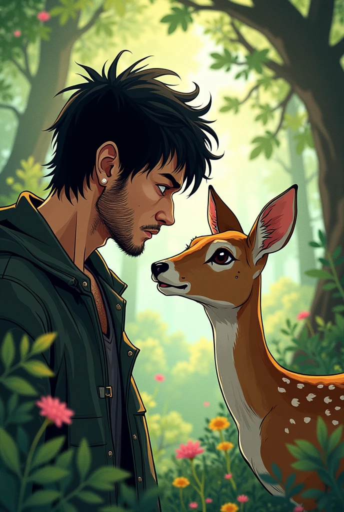 Manga Man with black hair and unshaven in love with a doe