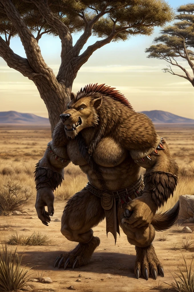 A gnoll tribal warrior, savanna, (gnoll)