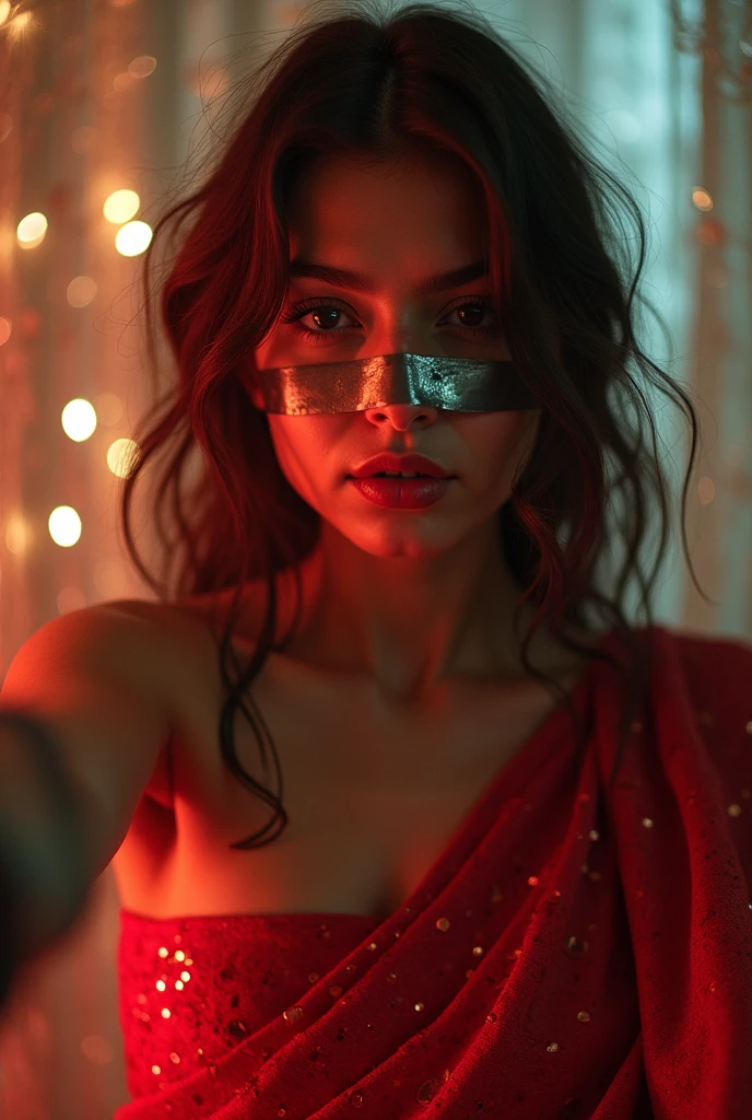 Aesthetic girl blindfolded duct tape gagged in red sparkling shimmering saree taking selfie tape gagged
