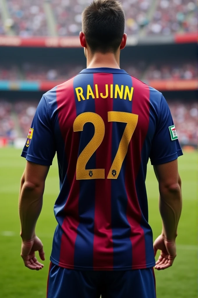 Generate a jersey of Barcelona FC 2008 edition with jersey number 27 and RAIJINN as it's name